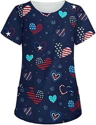 חולצות 4 ביולי לנשים דגל אמריקאי שרוול קצר שרוול נ 'צוואר צוואר עם 2 כיסים חולצה עליונה לבגדי עבודה מזדמנים