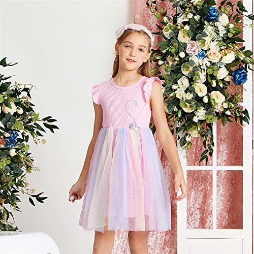 שמלת טוטו של הילדה לפרוע שרוול קיץ מזדמן ורוד נסיכת רשת טול שמלת 4-12 שנים