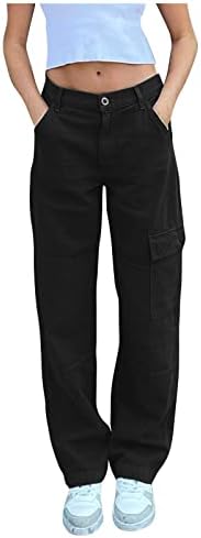 מכנסיים לנשים כפתור רוכסן למטה מכנסי מכנסיים נמוך על גבי מטען מכנסיים רגליים ישר מזדמנים עם כיסים