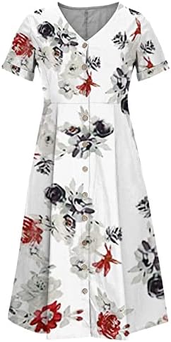 חולצות נשים QFVZHY אופנה 2023 V-VECT מותניים גבוהות כפתור שרוול קצר כותנה פשתן שמלות מודפסות חולצות