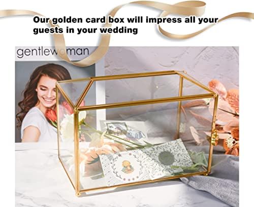 קופסת כרטיסי חתונה מזכוכית זהב גדולה עם מנעול לקבלת חתונה, מחזיק כרטיסי מתנה למסיבת ימי הולדת, מרכז חממה גיאומטרי שקוף, 12.6 על 5.9 על 9