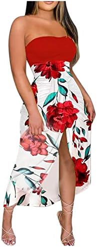 שמלות קיץ לנשים Huankd 2023 טמפרמנט אופנה סקסיות מודפסות סטרפלס קפלים שמלות מפוצלות שמלות נוסעות